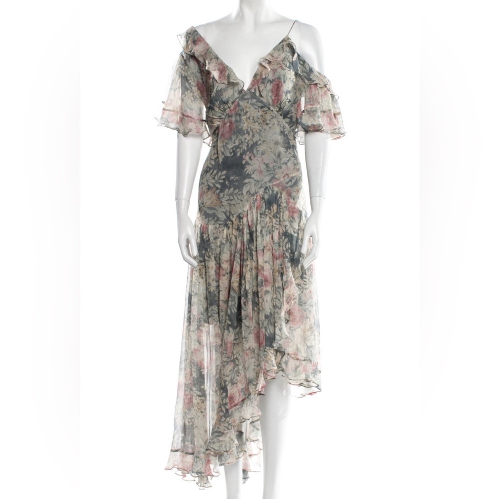 Zimmermann Floral Ruffle Cold-Shoulder Maxi Dress in Blush, Sage, Cream